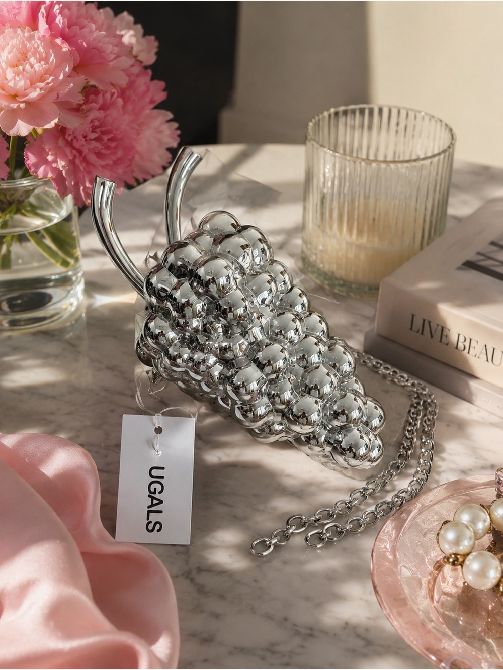 Designer inspired Silver Metallic Grape-Cluster Mini Crossbody